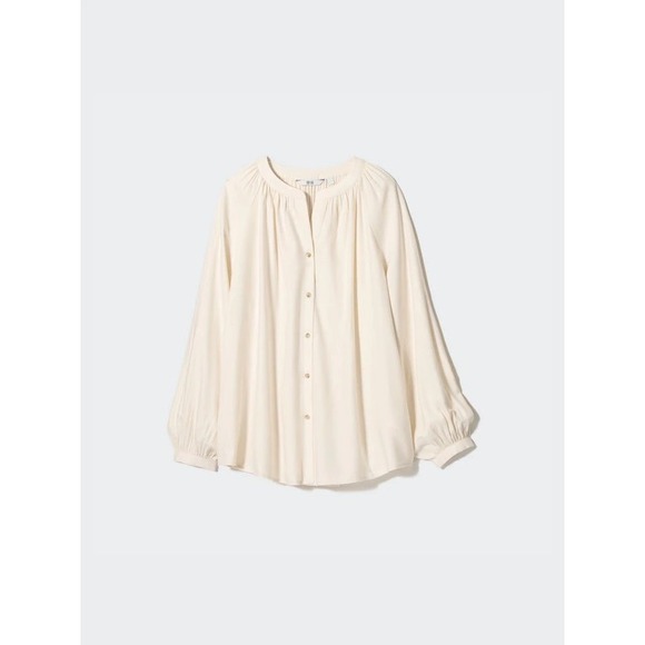 Uniqlo Tops - Uniqlo Soft Flannel Gathered Blouse Womens L Peasant Off White Cream Cottagecore
